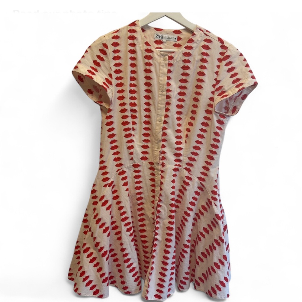 Zara Cream Dress with Red Lip Print